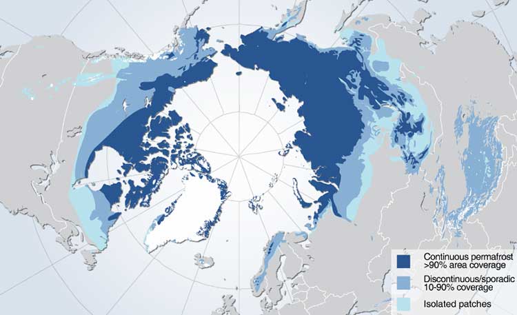 Görsel : Lacivert ile gösterilen bölgeler %90'dan daha fazla alan kaplayan ve tüm yıl hiç erimeyen bölgeleri gösteriyor; mavi bölgeler belirli zamanlarda eriyen bölgeleri, turkuvaz bölgeler ise ayrılmış ekleme buzulları gösteriyor  - HUGO AHLENIUS, UNEP/GRID-ARENDAL