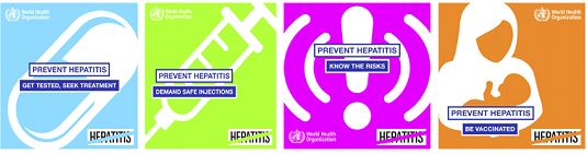 DSÖ'nün Hepatiti Önleyin Afişleri: Test yaptırın, tedavi olun, güvenli injeksiyon, riskleri bilin, aşı olun 
