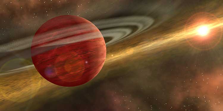 Sıradışı gezegen HD 106906b’nin resmi. Gezegen oldukça genç bir sistemde yer aldığında çevresinin gaz ve toz enkaz diskiyle örülü olduğu düşünülmüş. (NASA/JPL-Caltech) 