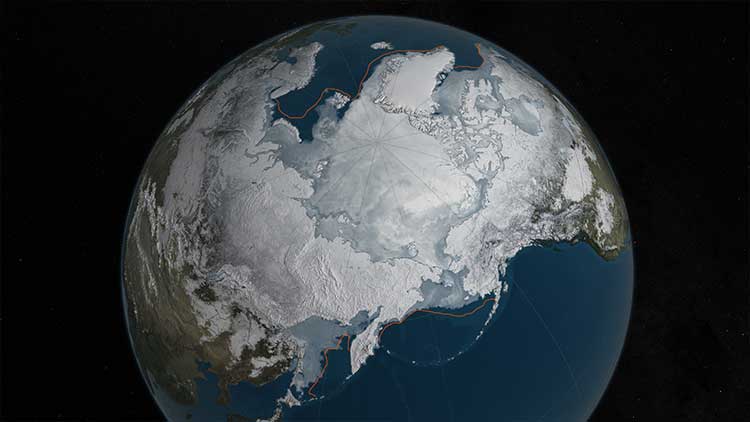 Kırmızı çizgiyle gösterilen geçen yılki rekor en düşük buzul genişleme alanı ile bu yılkinin karşılaştırılması. Telif: NASA Goddard Bilimsel Gözlem Stüdyosu/C. Starr
