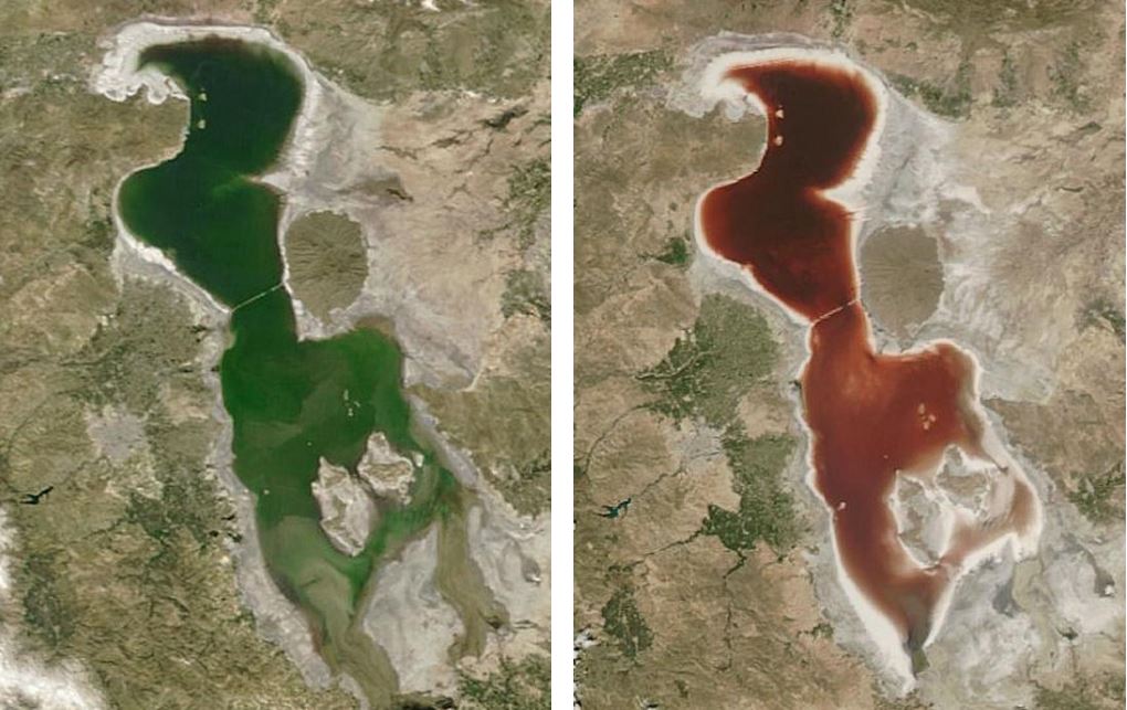 Solda 23 Nisan 2016 tarihinde çekilmiş, sağda ise 18 Temmuz'da çekilmiş olan Urmiye Gölü fotoğrafları - Telif : NASA EARTH OBSERVATORY