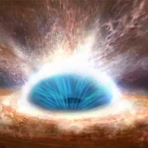 Sanatçının tasarımı ; IRAS F11119+3257 galaksisinin merkezindeki süper kütleli kara deliğin etrafındaki turuncu disk olarak gösterilen maddeleri içine toplamasını ve güçlü bir rüzgarla (mavi) kendinden uzağa doğru saçmasını gösteriyor. Bu rüzgar çok büyük bir galaktik moleküler gaz çıkışını sağlıyor. (kızıl mor)